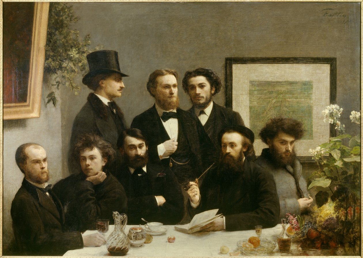 Esquina de la mesa. Representación de una reunión entre, de izquierda a derecha, Paul Verlaine, Arthur Rimbaud, Elzéar Bonnier, Léon Valade, Émile Blémont, Jean Aicart, Ernest d