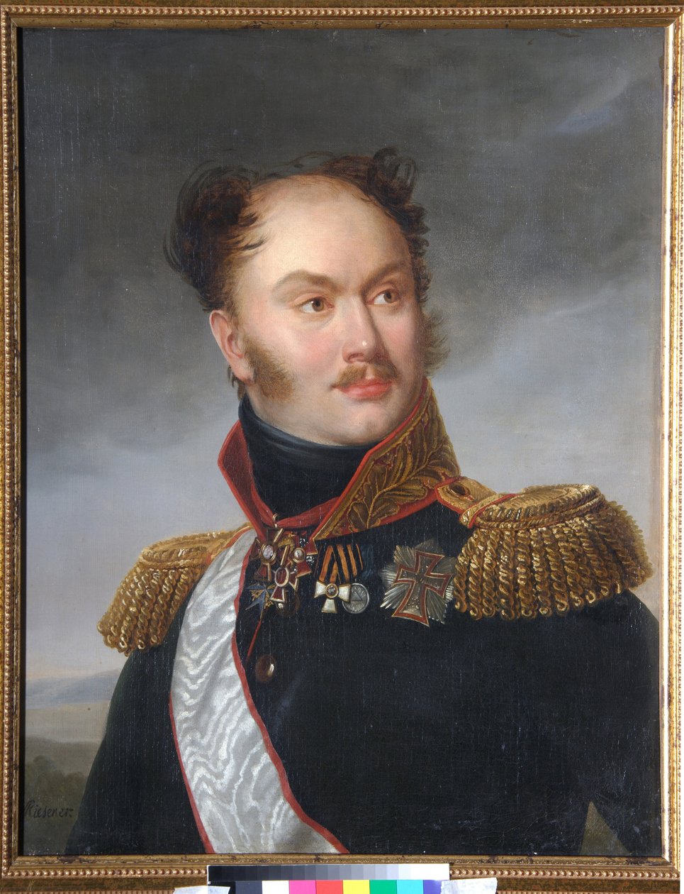 Retrato del conde Mikhail (Michael) Fyodorovich Orlov (1788-1842). El decembrista (o decembrista) está representado con sus condecoraciones militares y honoríficas. Pintura de Henri Francois Riesener (1767-1828), óleo sobre lienzo, alrededor de 1818. Arte  de Henri Francois Riesener