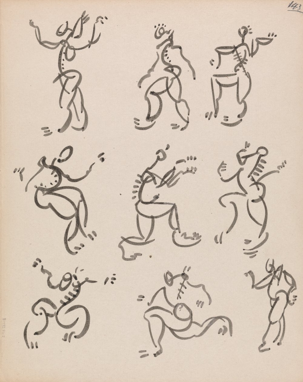 Nueve figuras danzantes, en tres registros de Henri Gaudier Brzeska