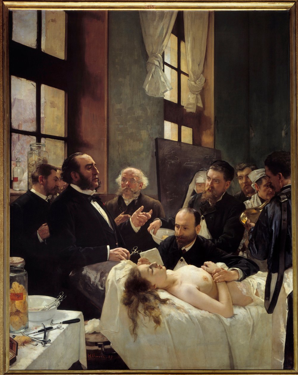 Dr. Jules Emile Pean enseñando en el hospital Saint Louis su descubrimiento del pinzamiento de barcos (antes de la operación) de Henri Gervex