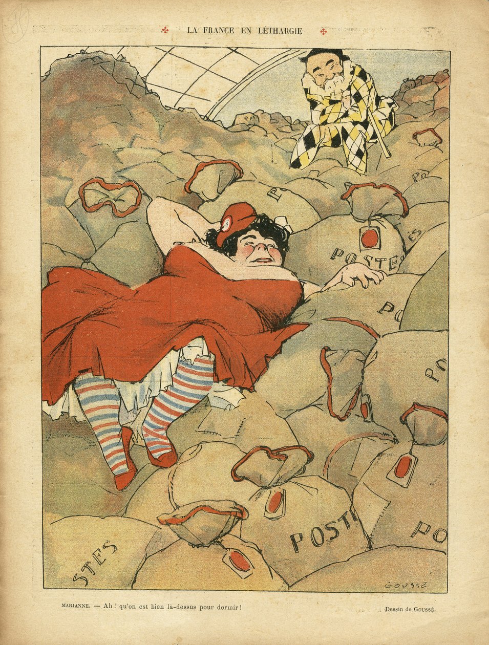 Ilustración de Henri Gousse (1872-1914) en Le Rire, 03/04/09 - La France en lethargie - Social, Greve, Courrier La Poste Postal - Clemenceau George, Marianne de Henri Gousse