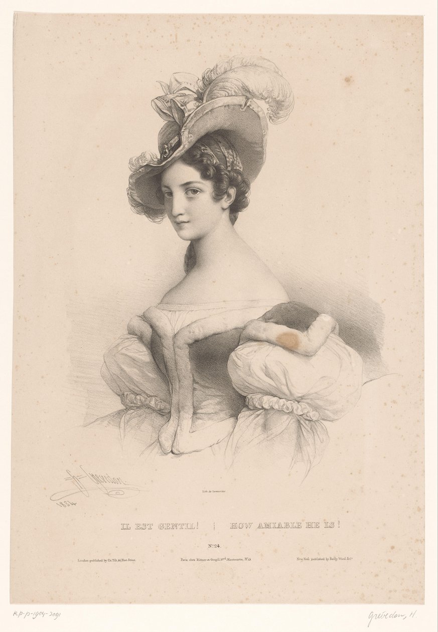 Mujer joven con pensamientos amorosos Il est gentil! / ¡Qué amable es! (título en el objeto) Representaciones de figuras perdidas en sus pensamientos (título de la serie) de Henri Grevedon