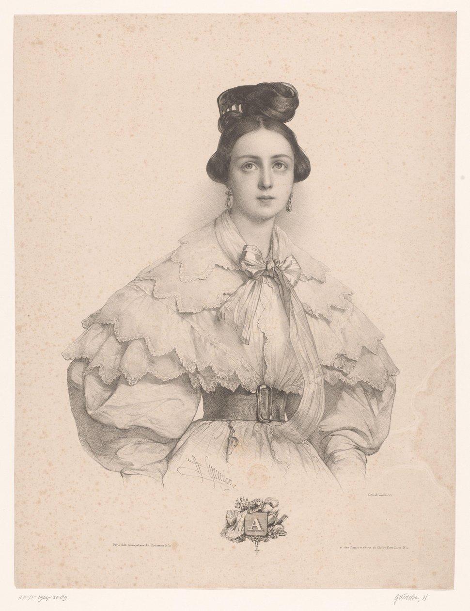 Mujer joven con nombre con letra A A (título en el objeto) Damas por cada letra del alfabeto (título de la serie) Le Miroir des Dames, ou nouvel alphabet français (título de la serie) de Henri Grevedon