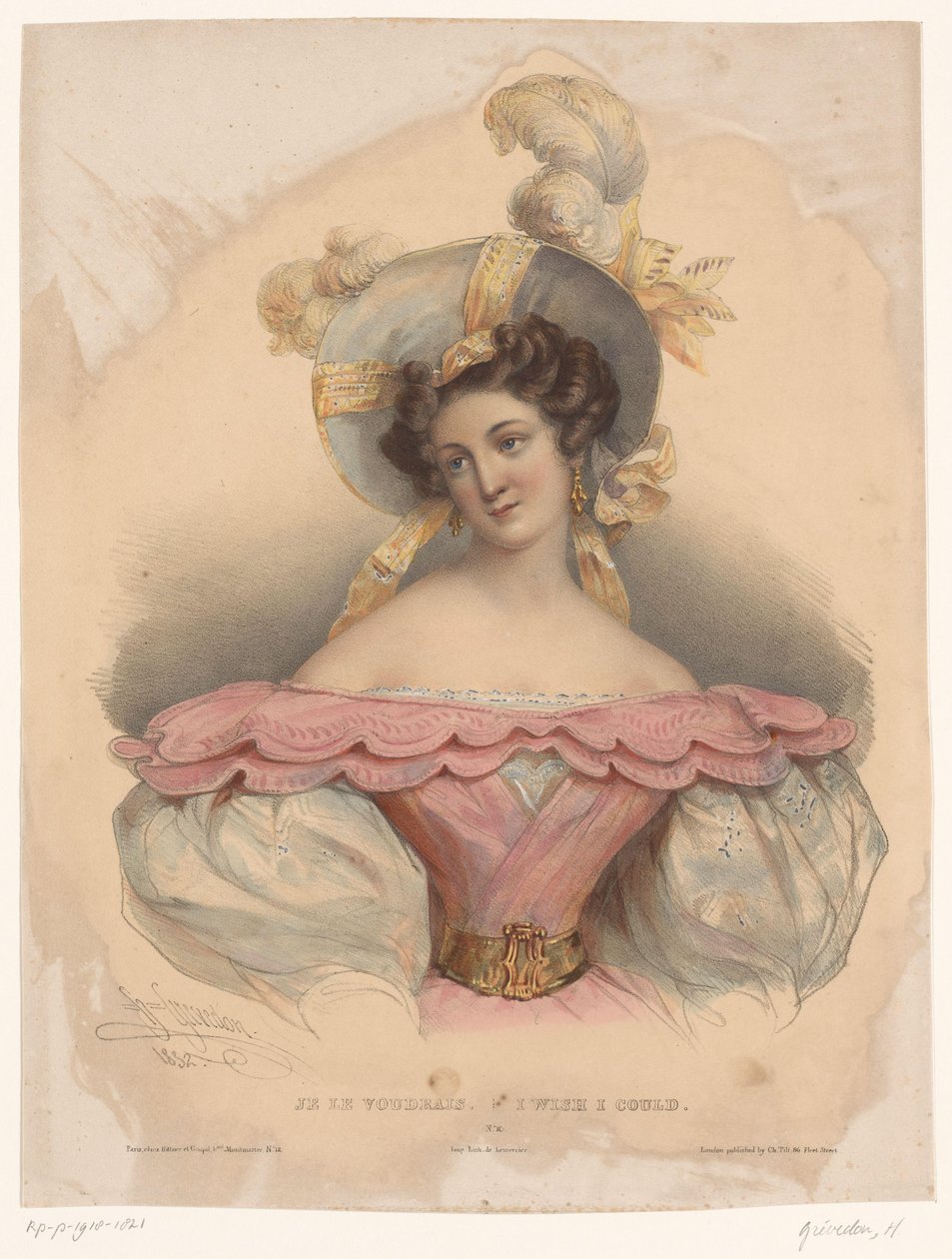 Mujer joven con pensamientos tristes Je le voudrais / Ojalá pudiera (título sobre el objeto) Representaciones de figuras perdidas en sus pensamientos (título de la serie) de Henri Grevedon