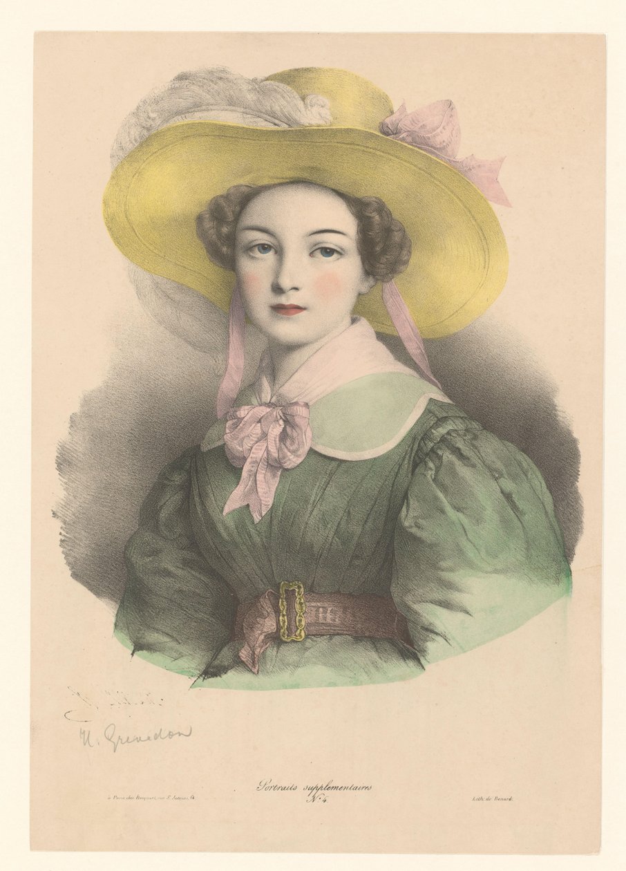 Retrato de una mujer joven con sombrero de plumas y pajarita
Retratos (título de la serie)
Portraits supplementaires (título de la serie en el objeto) de Henri Grevedon