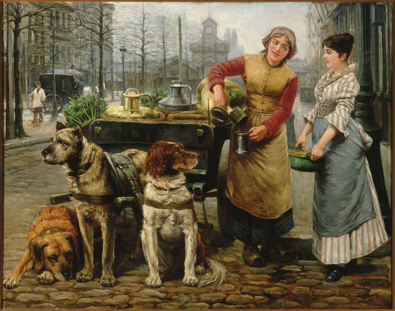 La lechera con carro de perros en la De Keyserlei en Amberes, c. 1890 de Henri Houben