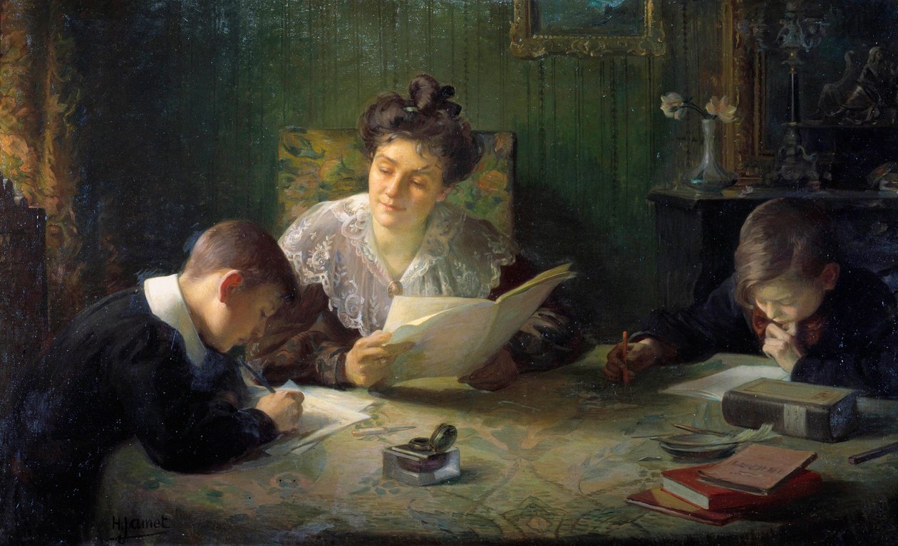 Deberes Una madre ayuda a los niños a hacer los deberes. Pintura de Henri Jamet (1858-1940) Siglo XX Orleans, Museo de Bellas Artes de Henri Jamet