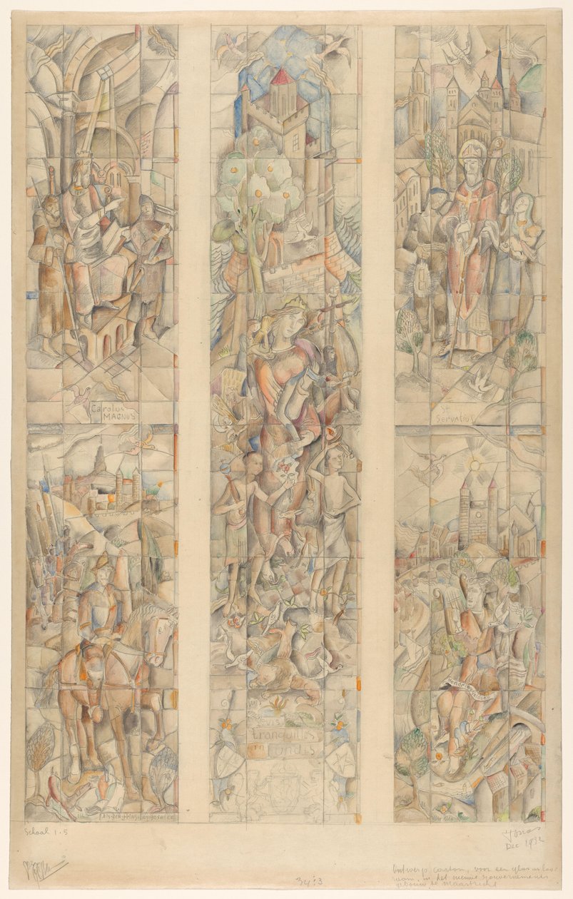 Cartón de diseño para una vidriera, en el nuevo edificio Gouvernements de Maastricht (título original en el objeto) de Henri Jonas (signed by artist)