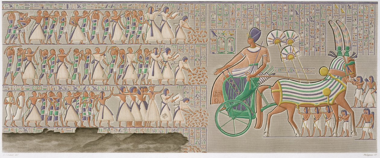 Relieves coloreados de la galería sur del peristilo del palacio, lámina 12 del volumen II de `Descripciones de Egipto`, grabado por Antoine Phelippeaux (n.1767) 1822 (aguatinta) de Henri Joseph (after) Redoute