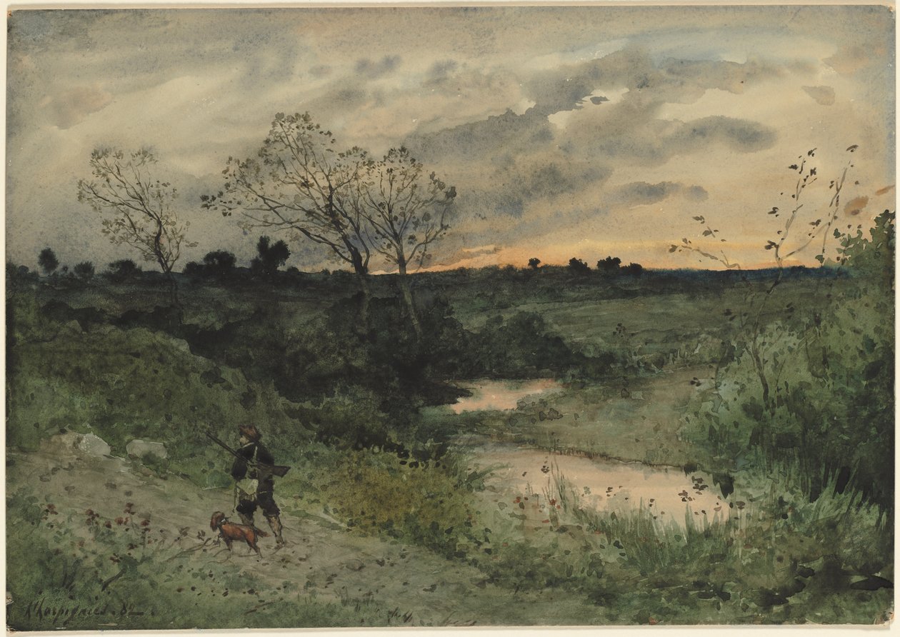 Amanecer: cazador con perro de Henri Joseph Harpignies