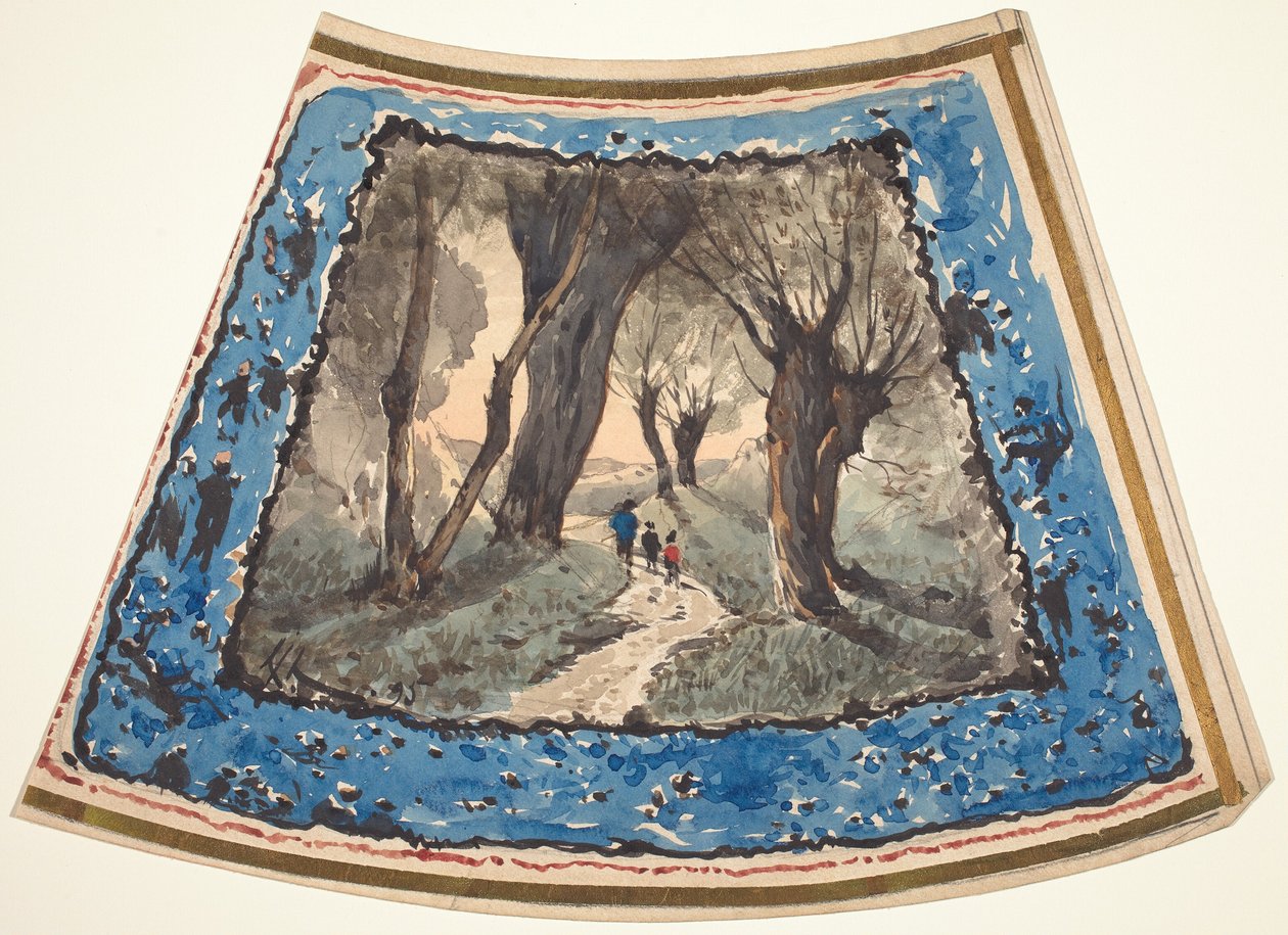 Viajeros en un sendero boscoso con un borde de figuras caprichosas y monos de Henri Joseph Harpignies