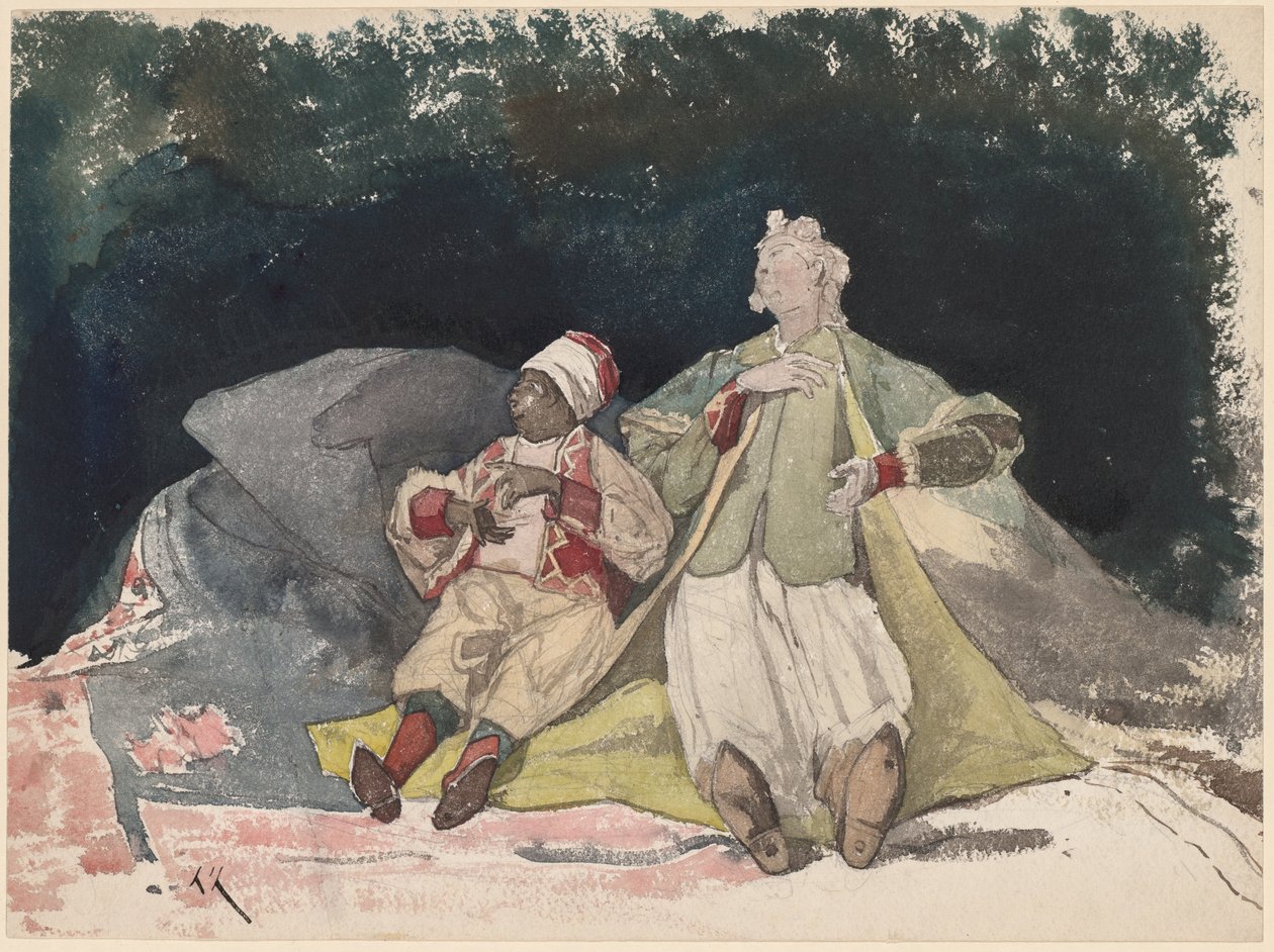 Dos muñecas o marionetas sentadas en cojines de Henri Joseph Harpignies