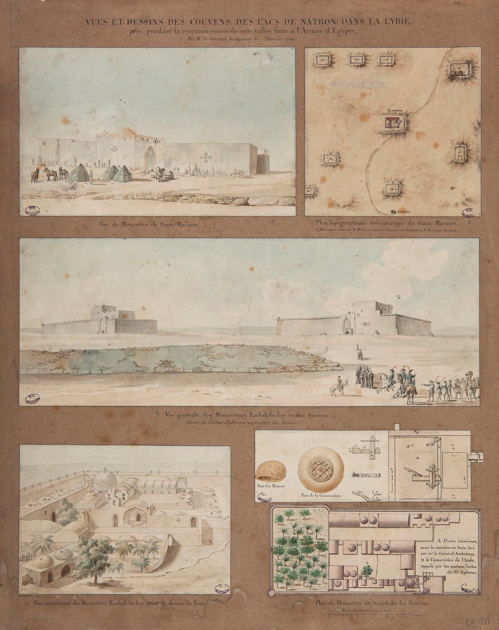 Seis vistas y dibujos del Lago Natron en Libia, realizados durante la misión de reconocimiento del Ejército Egipcio dirigida por el General Andreossy de Pierre Joseph Redouté