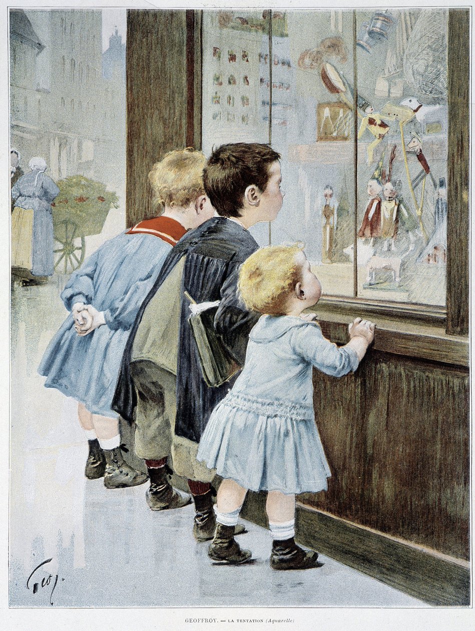 La Tentacion Ninos frente a un escaparate mirando juguetes ilustrado por Geoffroy en Figaro illustrated