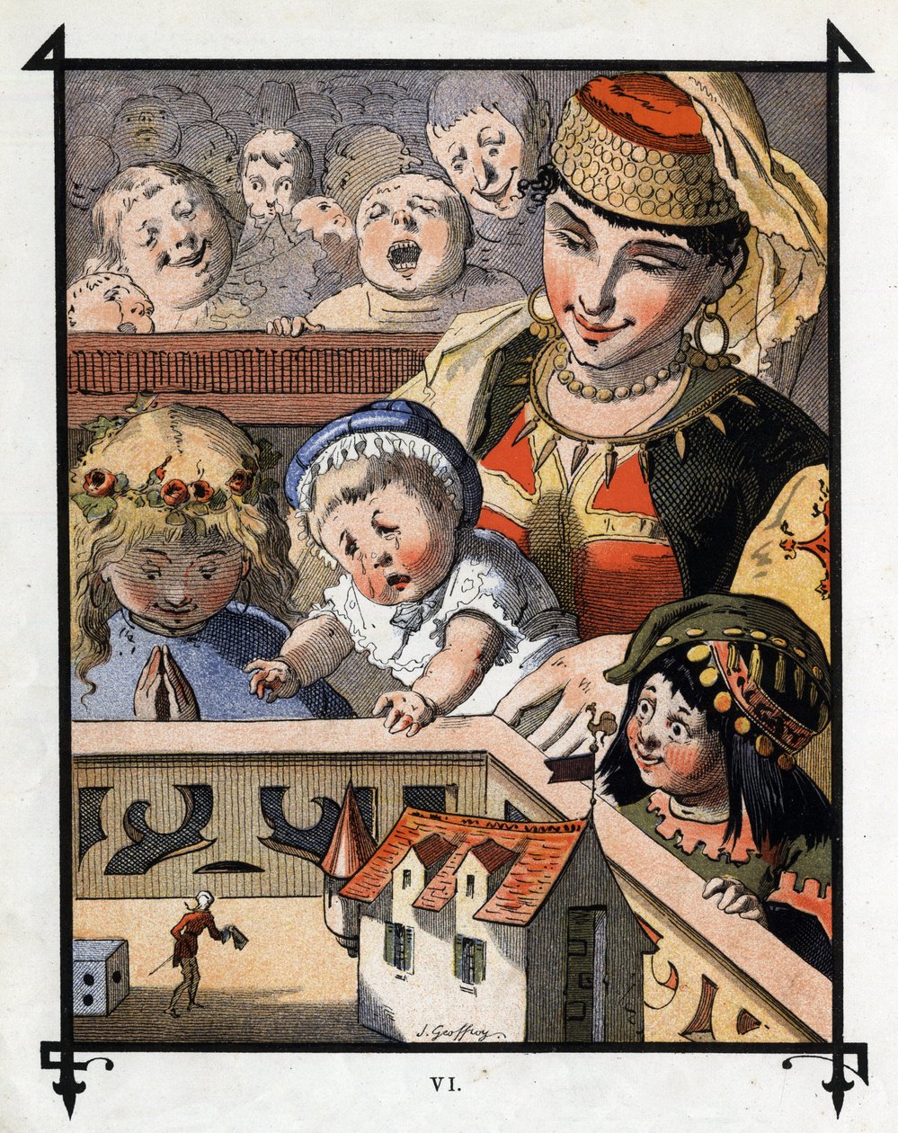 Lemuel Gulliver en la tierra de los gigantes de Brobdingnag es una curiosidad para los niños. Ilustración para 
