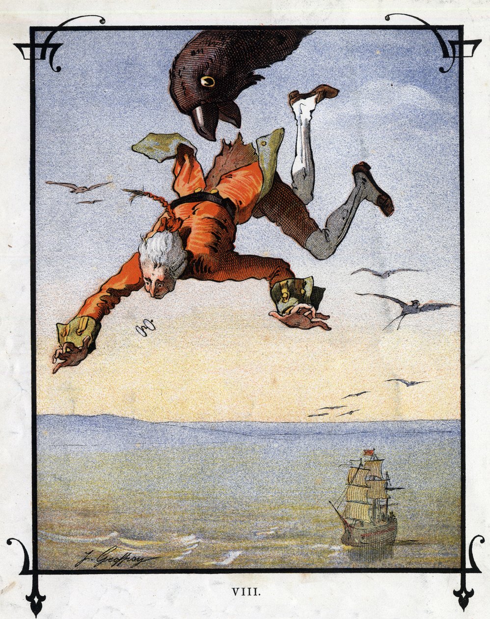 Lemuel Gulliver es llevado por un águila. Ilustración para “Los Viajes de Gulliver” por Jonathan Swift (1667-1745) de Henri Jules Jean Geoffroy