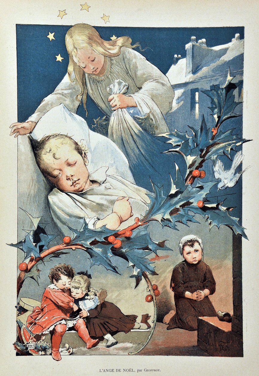 El ángel de Navidad. Ilustración de Jean GEOFFROY (1853-1924) Grabado de 1887 en 