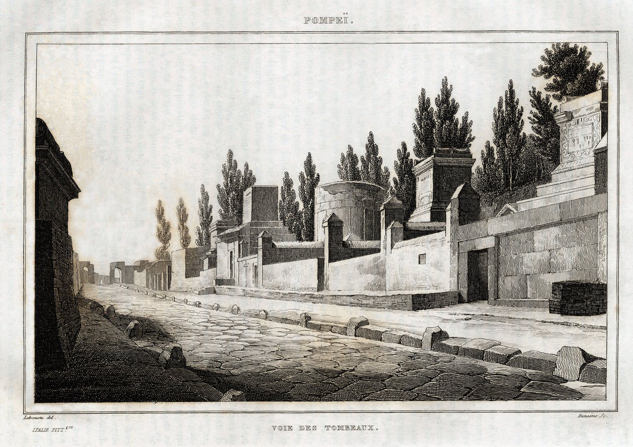 La vía de las tumbas, en Pompeya, grabado por Labrouste, en “Italia pintoresca”, editor Amable Coste, París de Henri Labrouste