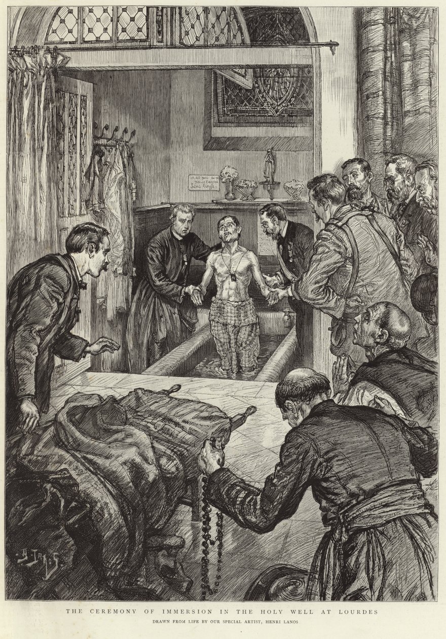Ceremonia de inmersión en el Pozo Santo de Lourdes (litografía) de Henri Lanos