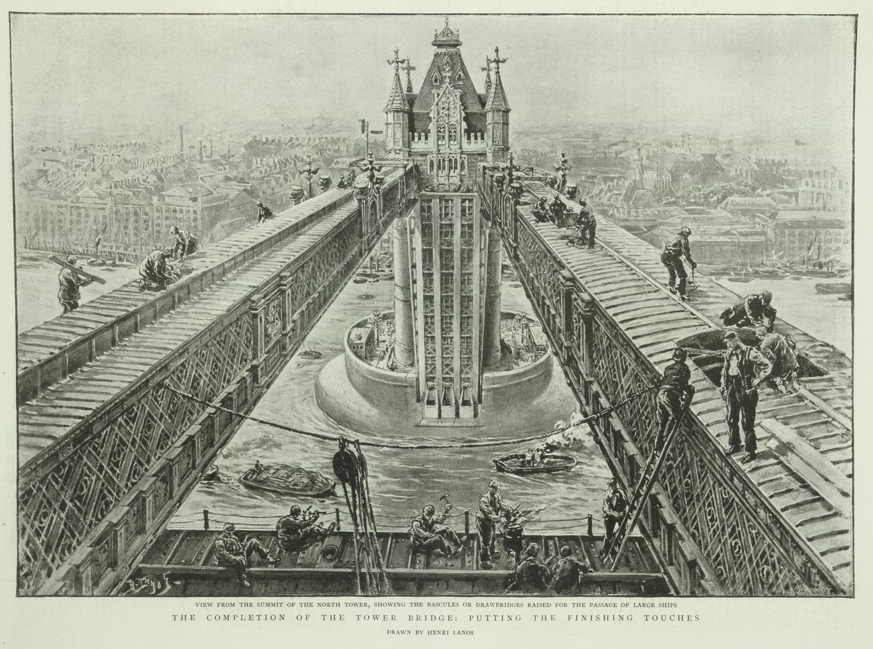 La finalización del Tower Bridge: dando los últimos toques, de The Graphic, 23 de junio de 1894 (grabado) de Henri Lanos