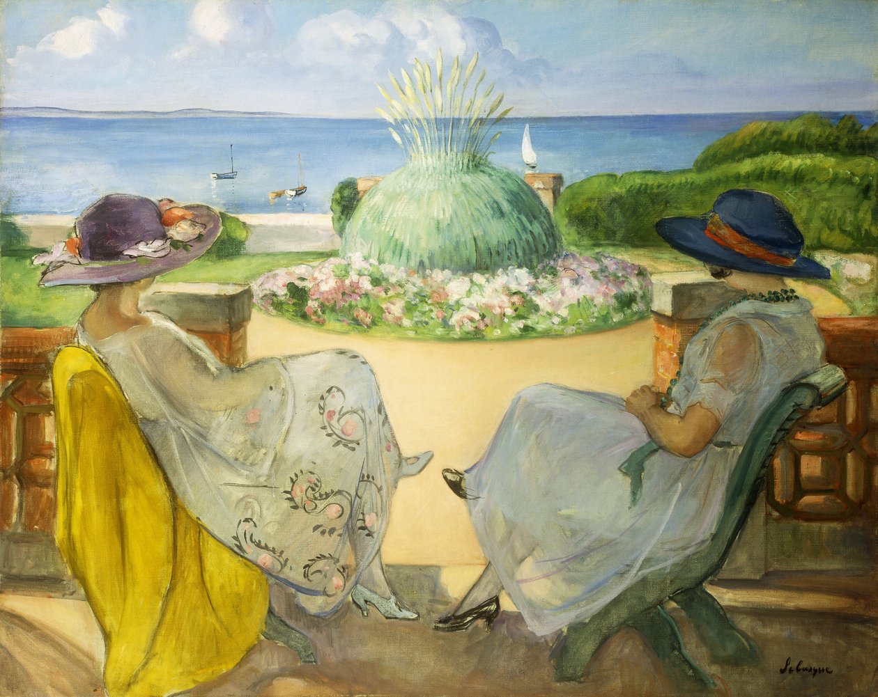 Dos jóvenes mujeres en una terraza junto al mar de Henri Lebasque