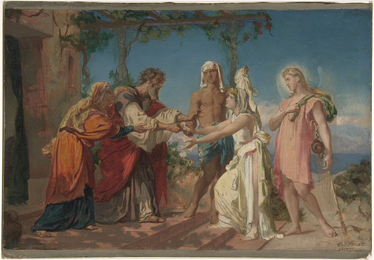 Tobías lleva a su esposa, Sara, a la casa de su padre, Tobit de Henri Lehmann
