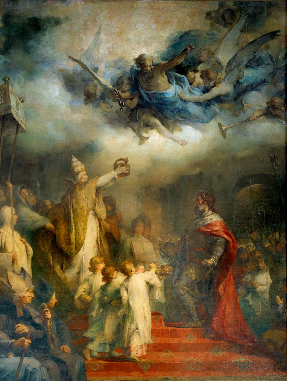 El Papa León III corona a Carlomagno emperador de Occidente en San Pedro de Roma en el año ochocientos en el día de Navidad de Henri Leopold Levy