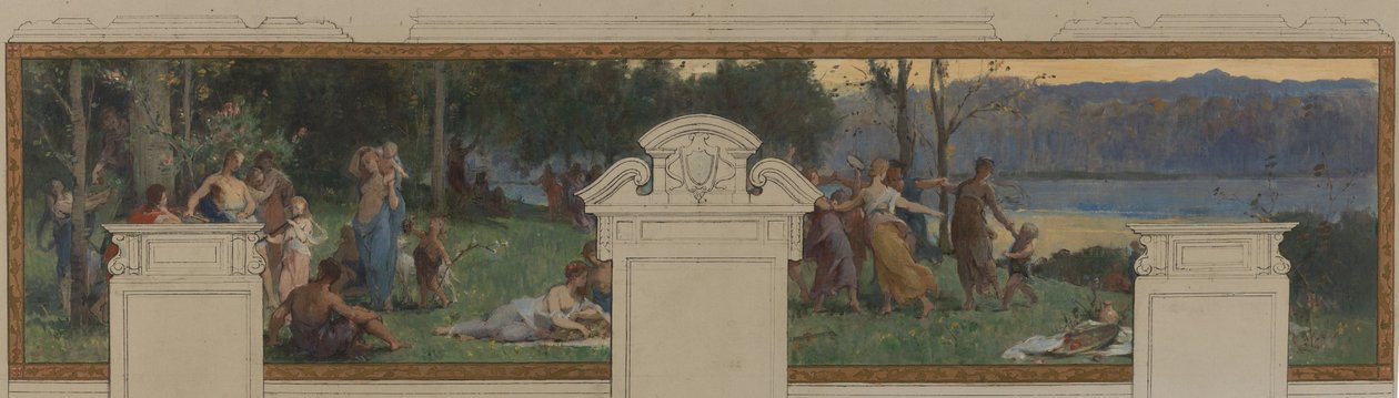 Boceto para el Ayuntamiento de Pantin: Alegorías del Canal de Ourcq, Trabajo y Navegación - Fête champêtre (techo y panel mural) de Henri Leopold Levy
