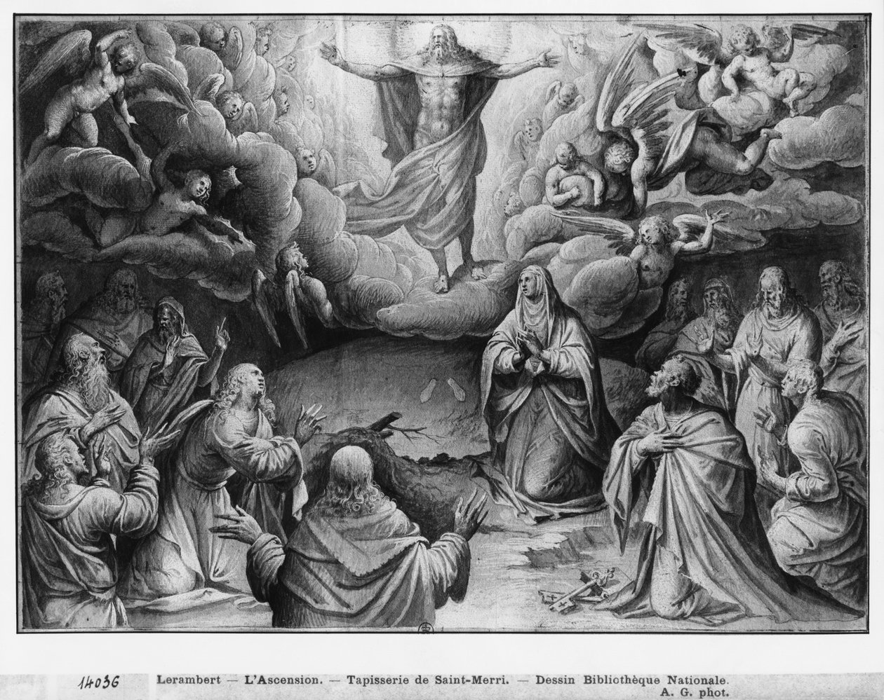 Vida de Cristo, Ascensión, estudio preparatorio de cartón de tapiz para la Iglesia Saint-Merri en París, c.1585-90 de Henri Lerambert