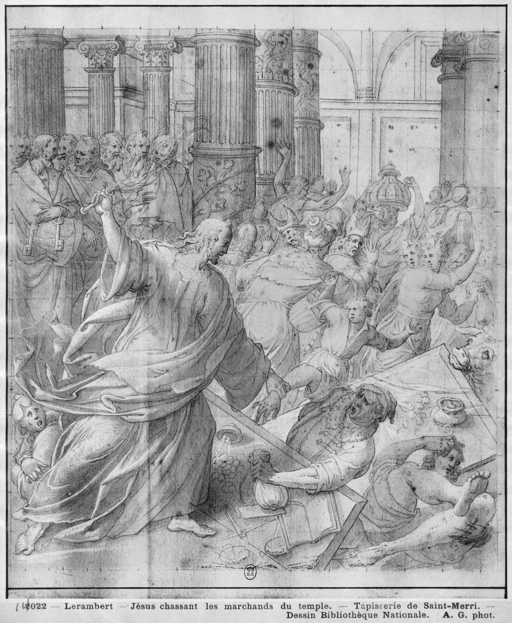 Vida de Cristo, Jesús expulsando a los mercaderes del Templo, estudio preparatorio de cartón de tapiz para la Iglesia Saint-Merri en París, c.1585-90 de Henri Lerambert
