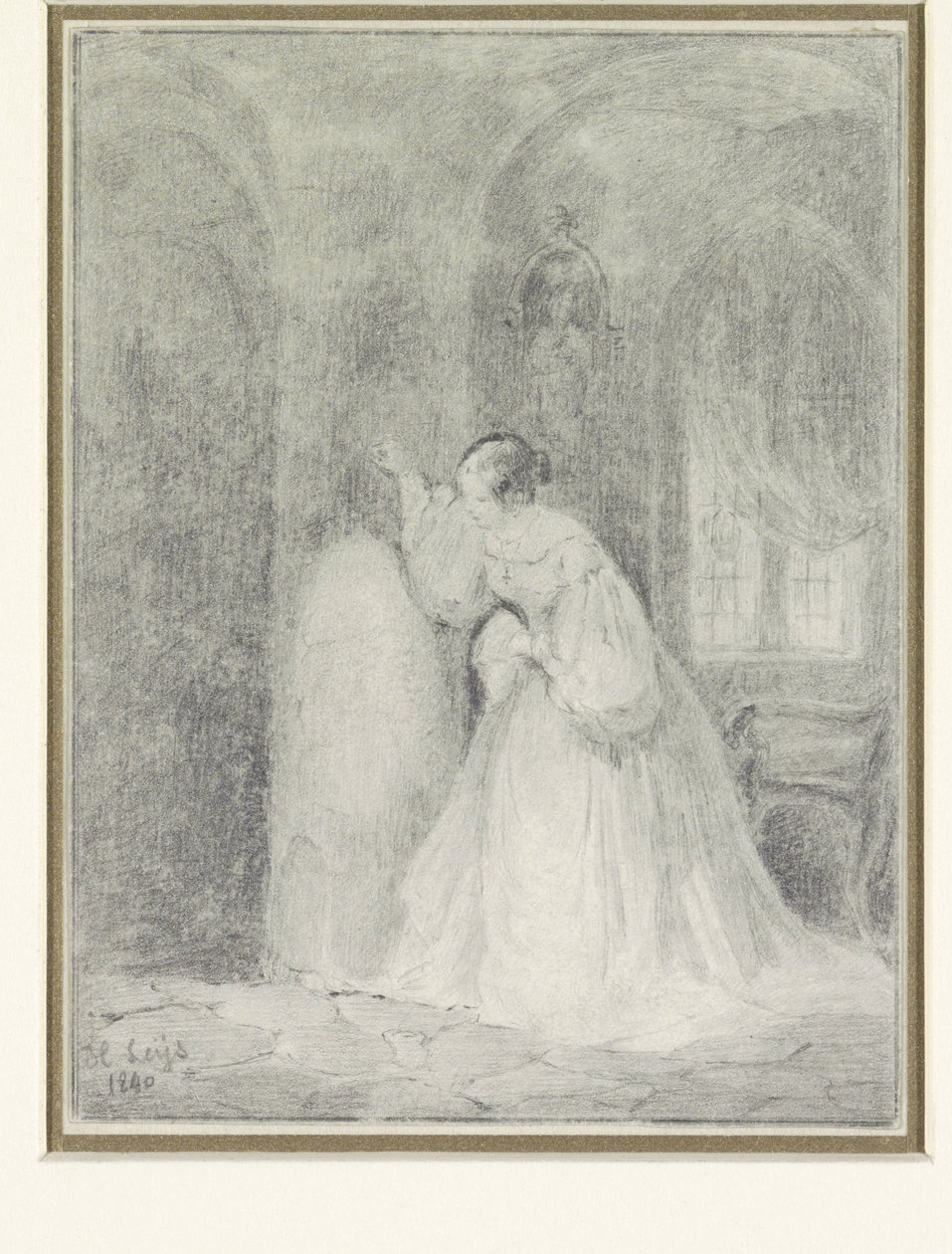 Interior con una mujer joven apoyada en una columna de Henri Leys (baron)