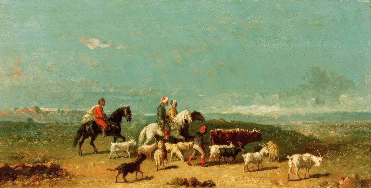 Grupo de jinetes árabes con un pastor de cabras en un paisaje amplio de Henri Lucien Robert