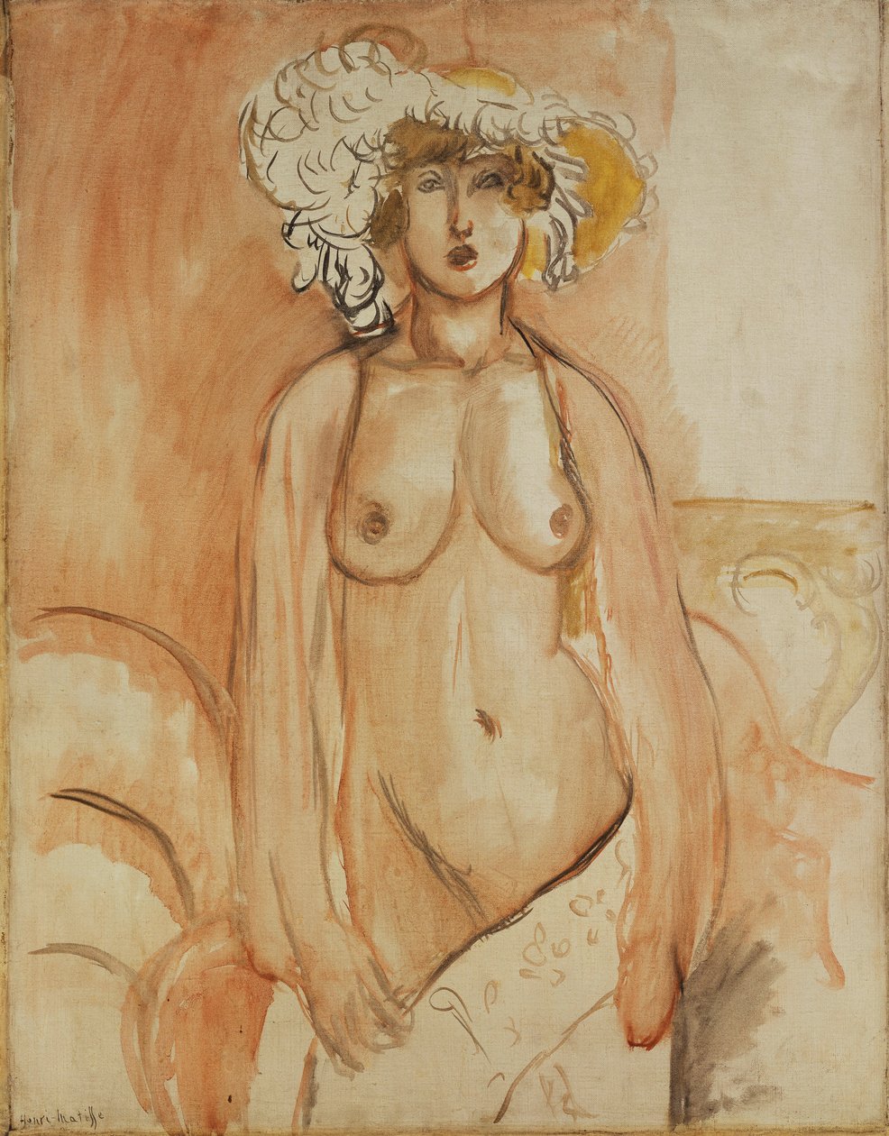 Antoinette de pie, con el torso desnudo y sombrero de plumas, c.1918 (óleo sobre lienzo) de Henri Matisse