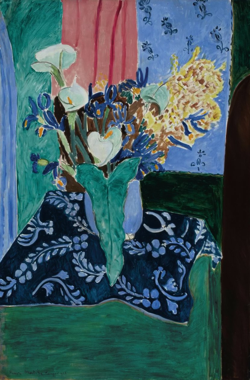Arums, Iris and Mimosas (Flores en un jarrón azul sobre un mantel azul) de Henri Matisse