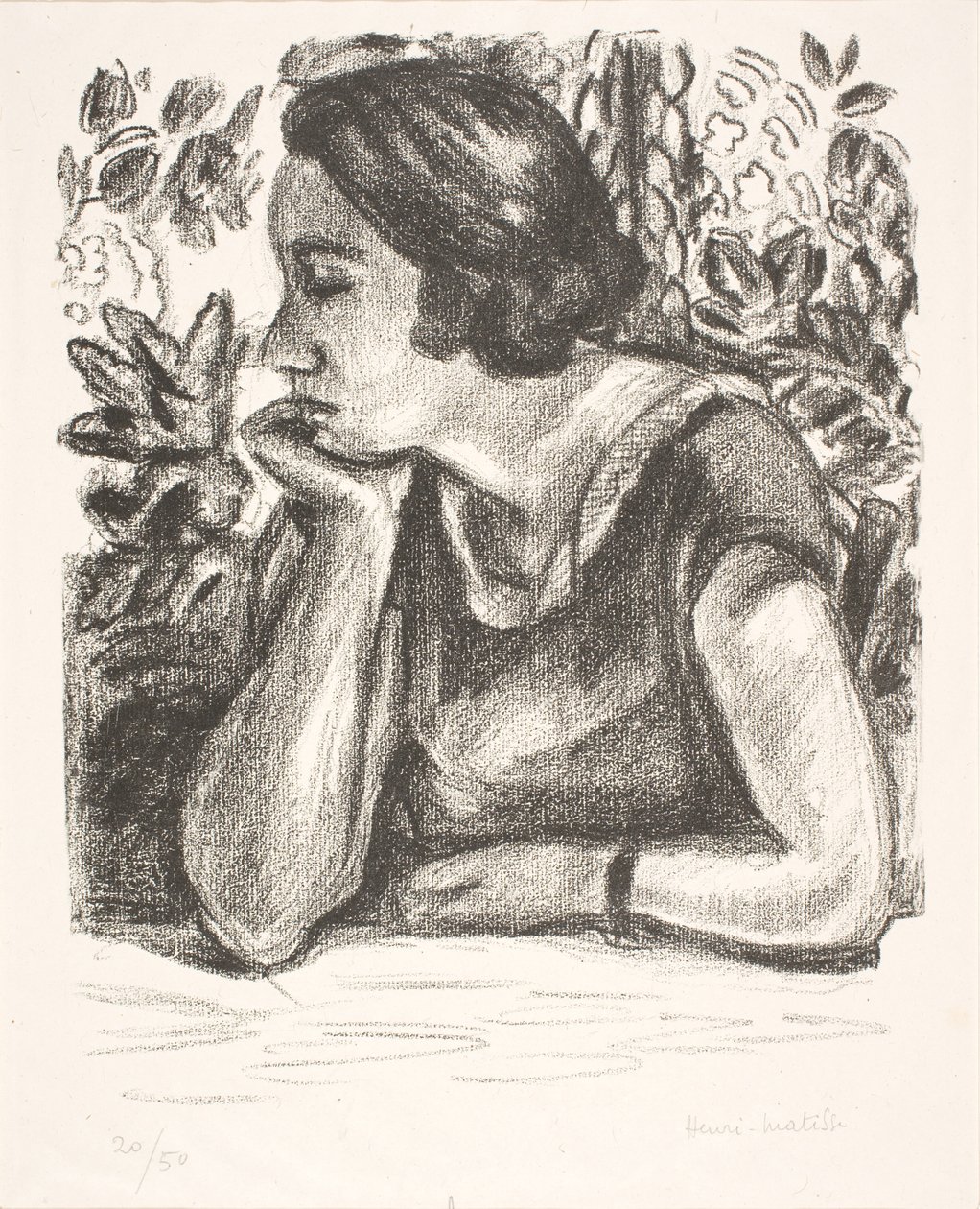 Retrato de busto de una mujer con la barbilla apoyada en la mano derecha de Henri Matisse