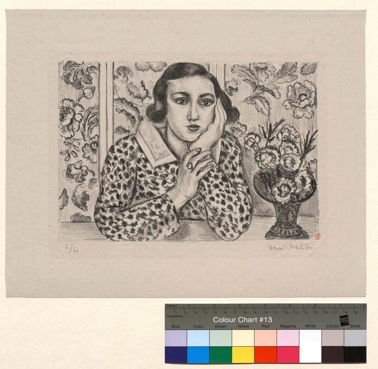 Jovencita apoyada en el biombo: jovencita con un ramo de flores de Henri Matisse