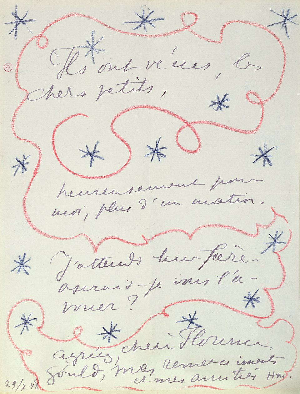 Carta del pintor a Florence Gould (n.1895), 29 de julio de 1948 (pluma y lápiz sobre papel) de Henri Matisse