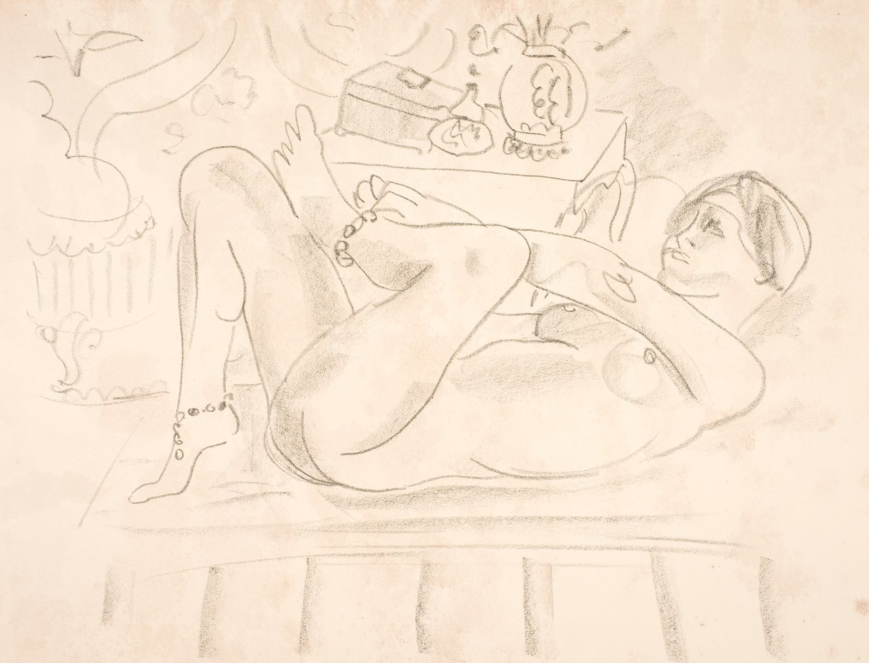 Mujer desnuda, tumbada de espaldas con collares de perlas alrededor de los tobillos (odalisca) de Henri Matisse