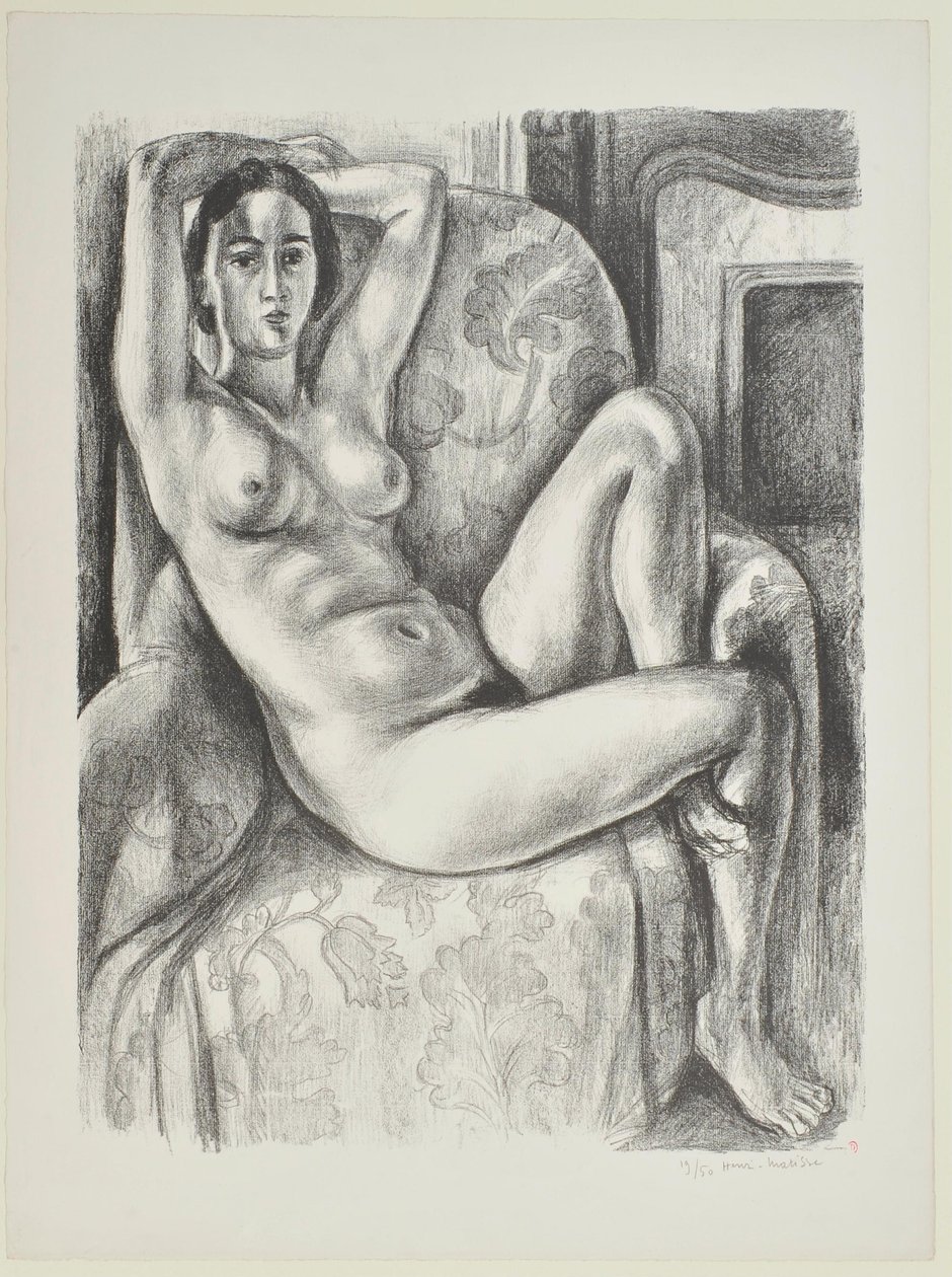 Desnudo con cojín azul junto a una chimenea de Henri Matisse