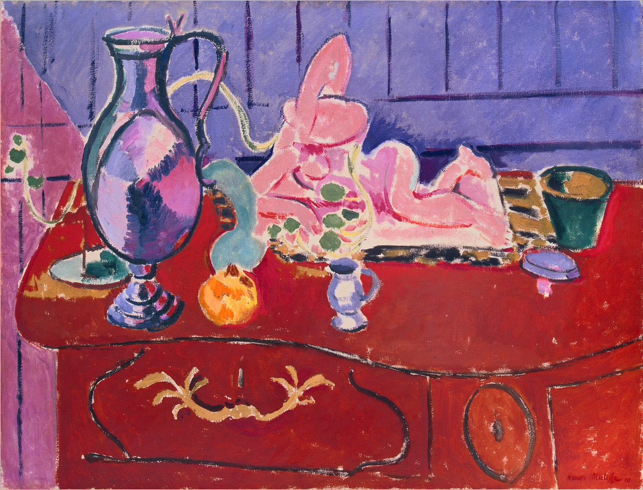 Estatuilla rosa y jarra sobre una cómoda roja de Henri Matisse