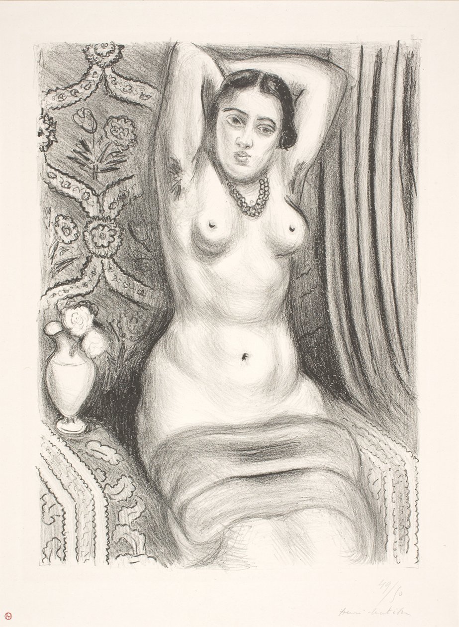 Modelo femenina desnuda sentada con los brazos cruzados detrás de la espalda (odalisca) de Henri Matisse
