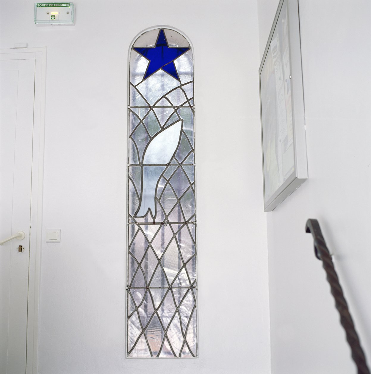 Vidriera que representa un pez atrapado en una red bajo la Estrella de la Salvación, desde las escaleras que conducen a la Capilla del Rosario. de Henri Matisse