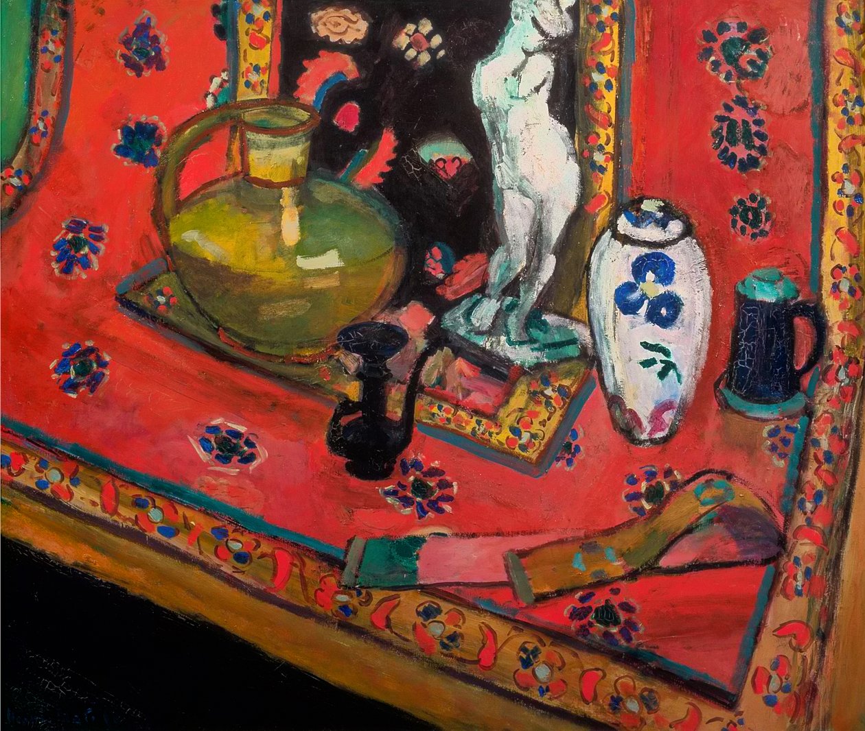 Estatuilla y jarrones sobre alfombra oriental de Henri Matisse