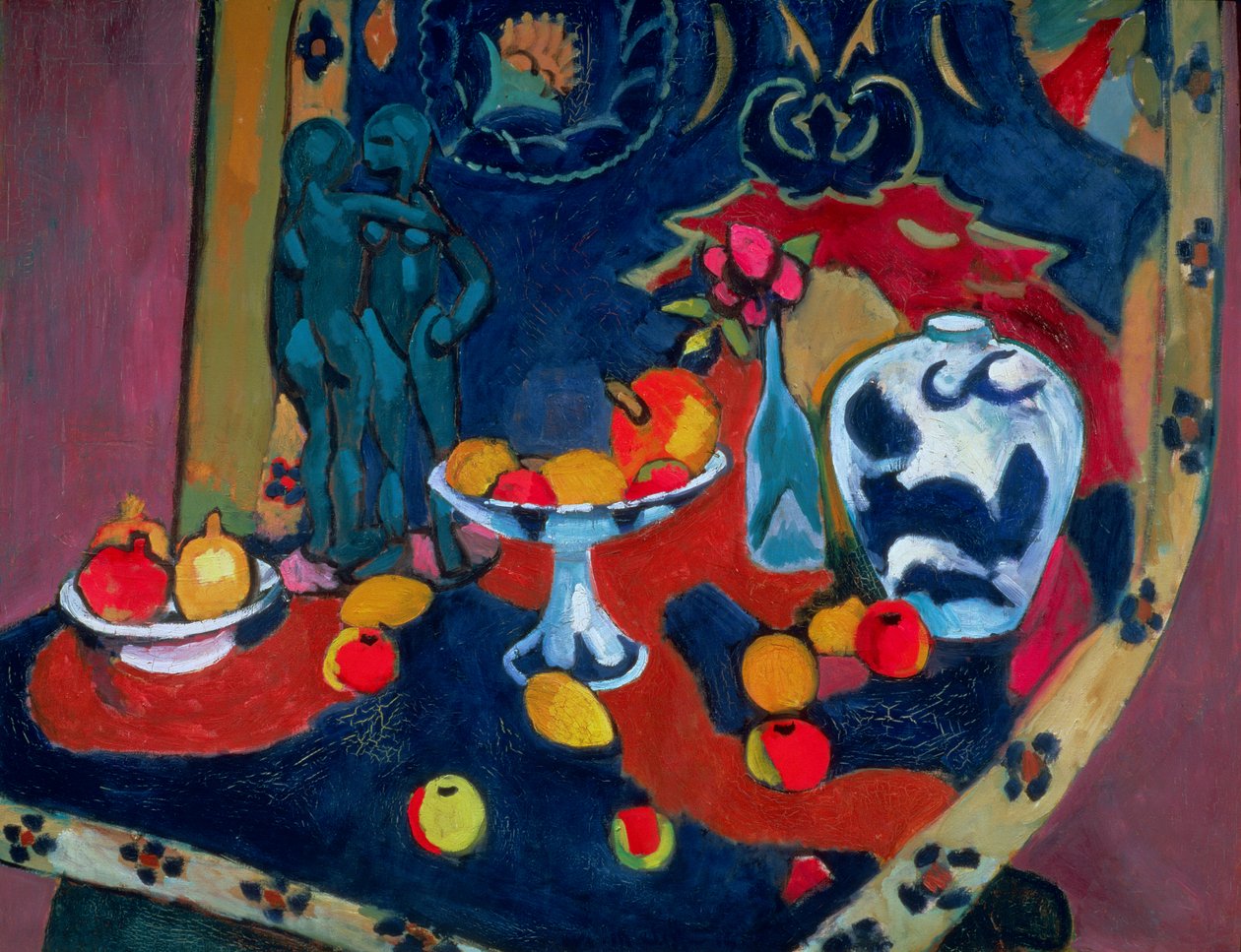 Bodegón de frutas y estatua de bronce de Henri Matisse