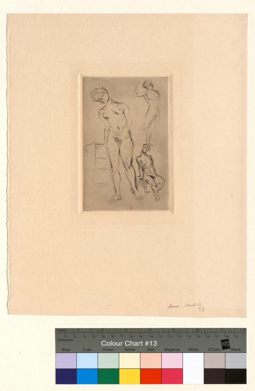 Tres desnudos, uno de ellos apoyado en un taburete de Henri Matisse