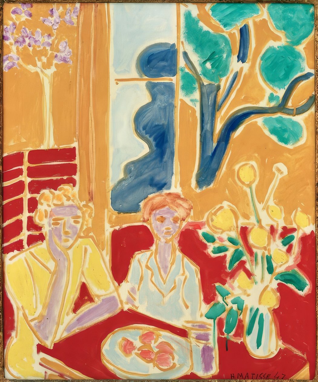 Dos chicas jóvenes sobre fondo amarillo y rojo de Henri Matisse