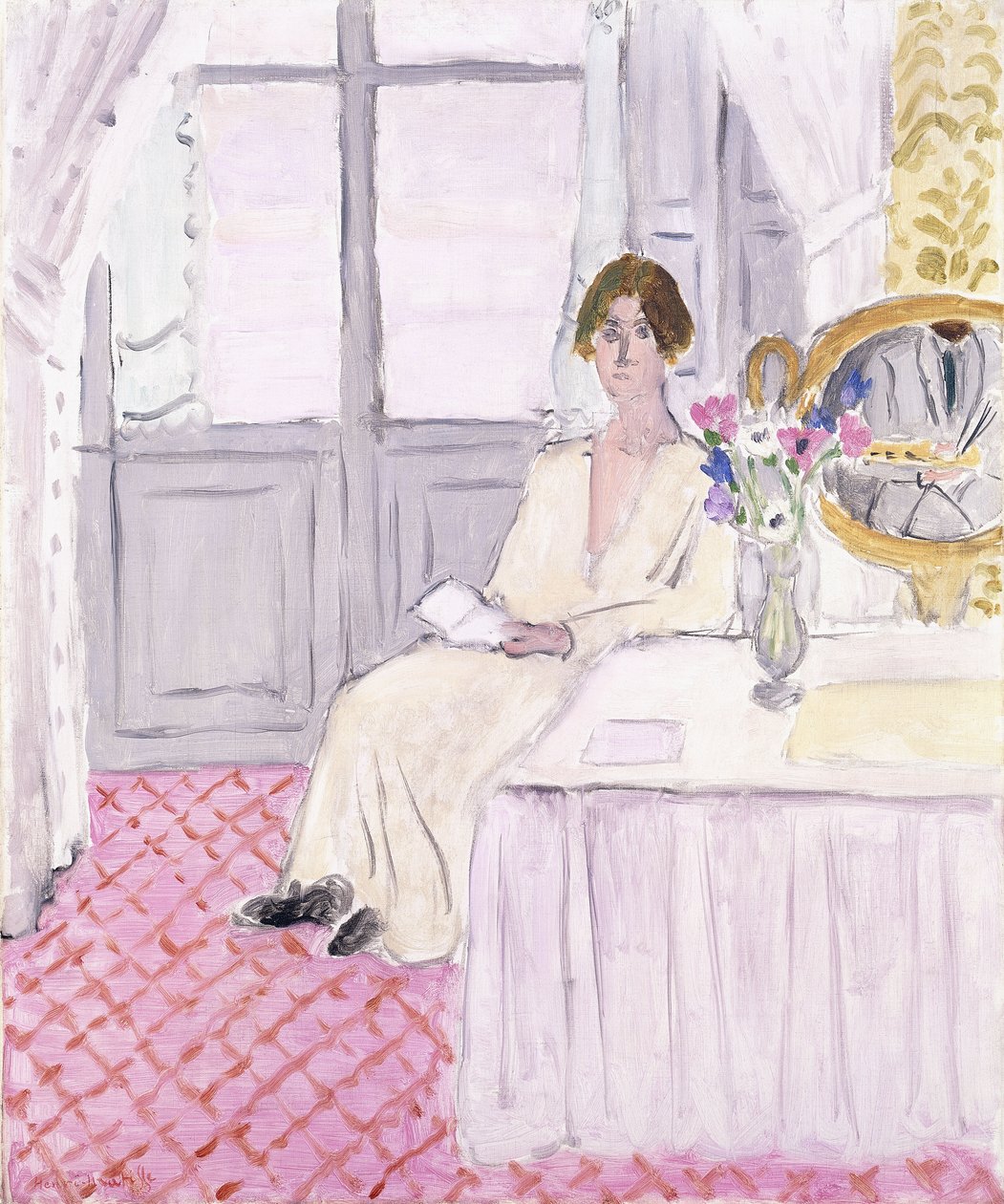 Mujer leyendo delante de una mesa y un ramo, Niza de Henri Matisse