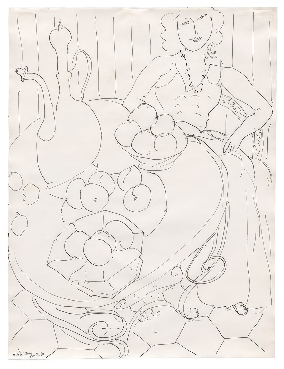 Mujer sentada a la mesa con fruta y jarra de Henri Matisse