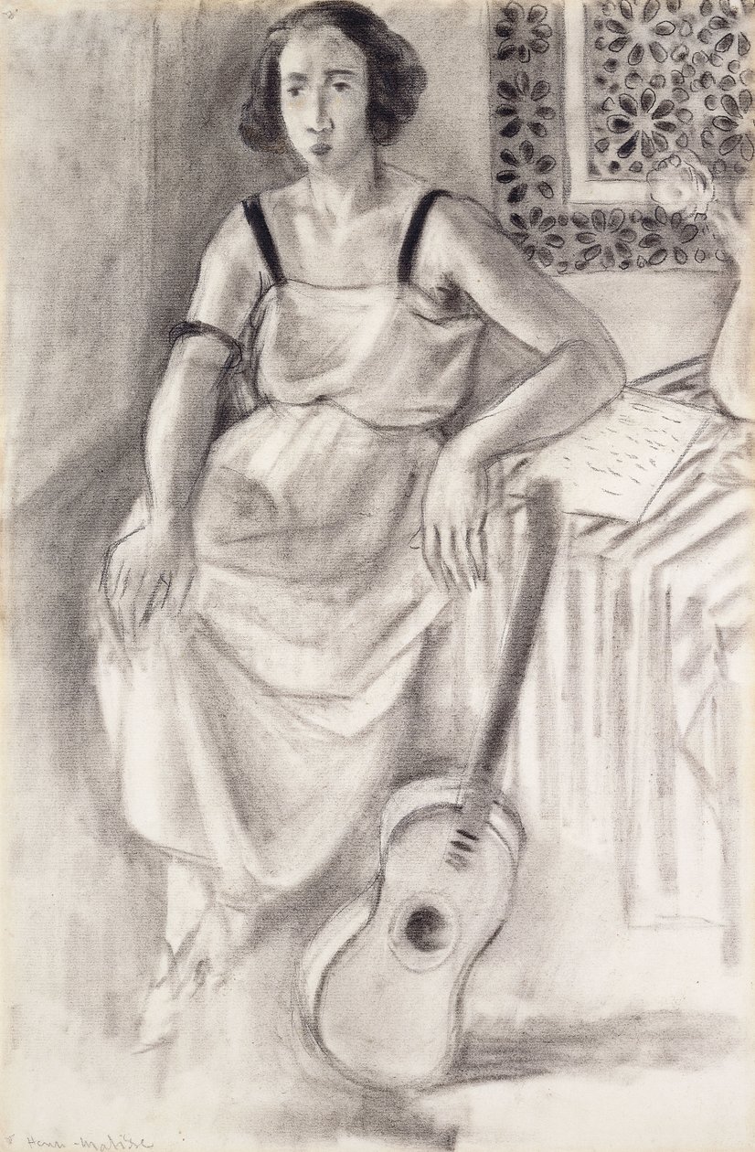 Mujer sentada con una guitarra, c.1921-23 (carboncillo sobre papel) de Henri Matisse