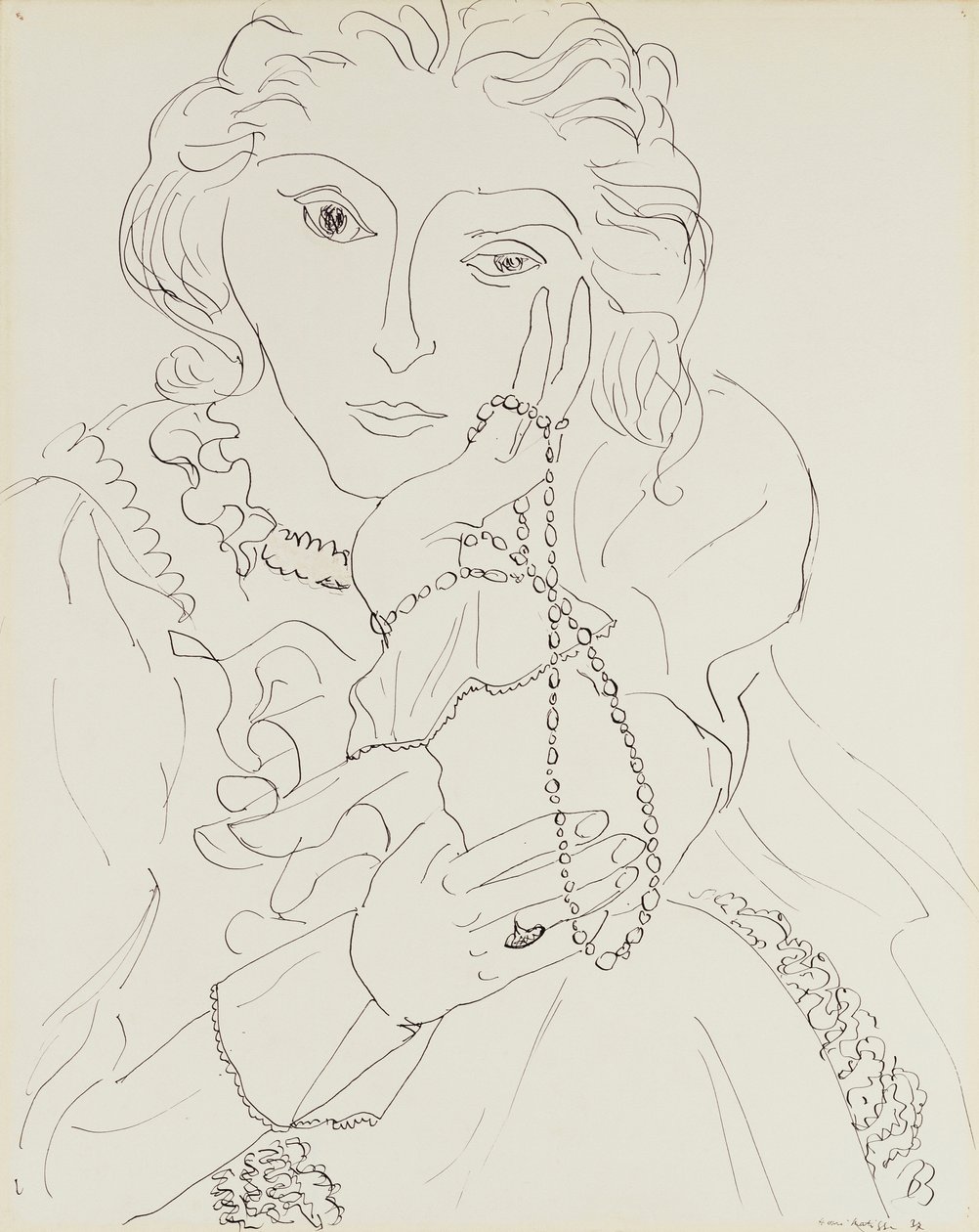 Mujer con camisa de volantes y collar de perlas de Henri Matisse